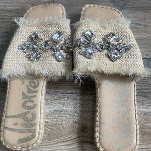 Bejeweled Straw Slide Sandals in Natural